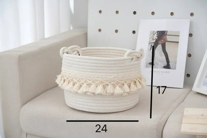 Large Cotton Rope Basket Tassel Woven Storage Basket for Toy Laundry and Blanket Organizer Basket Bohemian Storage Organizer