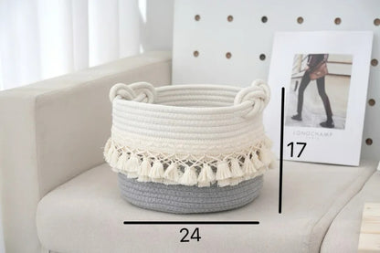 Large Cotton Rope Basket Tassel Woven Storage Basket for Toy Laundry and Blanket Organizer Basket Bohemian Storage Organizer