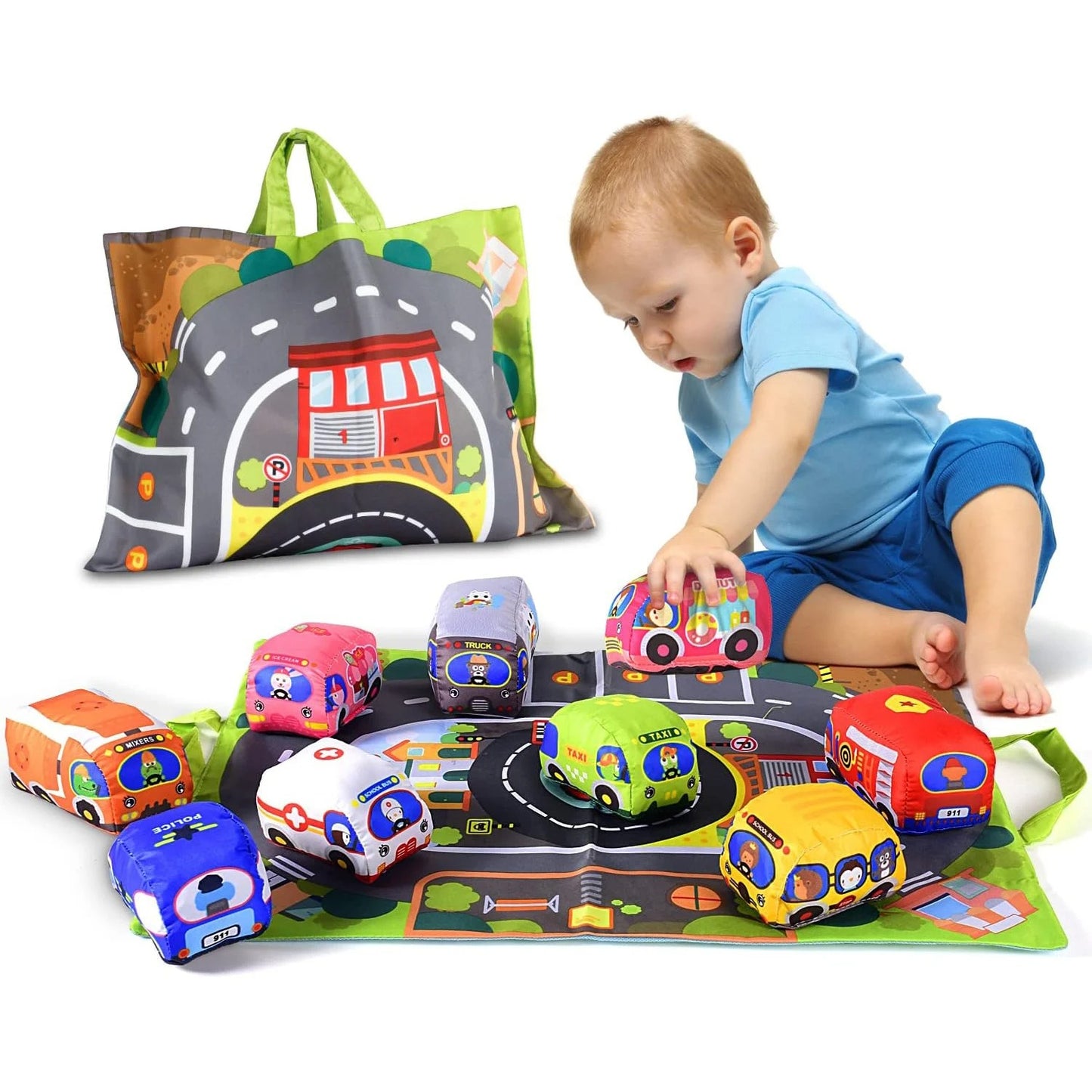 Montessori Soft Cloth Car Toy Set with Play Mat And 9 Vehicle For Baby Interactive Sound Paper Rattle Toys 12-18 Months