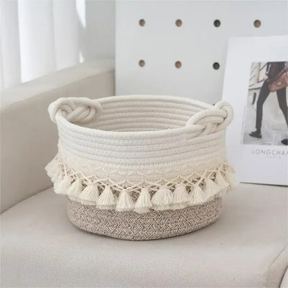 Large Cotton Rope Basket Tassel Woven Storage Basket for Toy Laundry and Blanket Organizer Basket Bohemian Storage Organizer