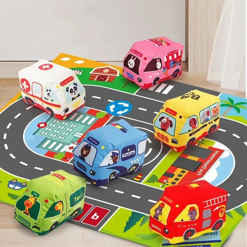 Montessori Soft Cloth Car Toy Set with Play Mat And 9 Vehicle For Baby Interactive Sound Paper Rattle Toys 12-18 Months