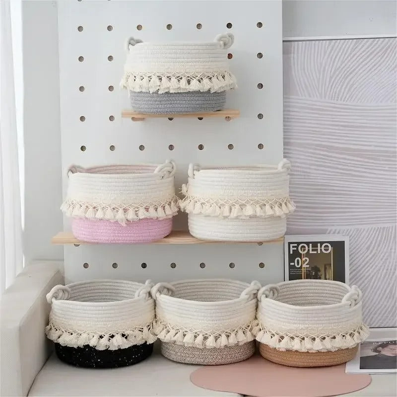 Large Cotton Rope Basket Tassel Woven Storage Basket for Toy Laundry and Blanket Organizer Basket Bohemian Storage Organizer