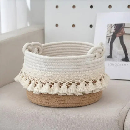 Large Cotton Rope Basket Tassel Woven Storage Basket for Toy Laundry and Blanket Organizer Basket Bohemian Storage Organizer