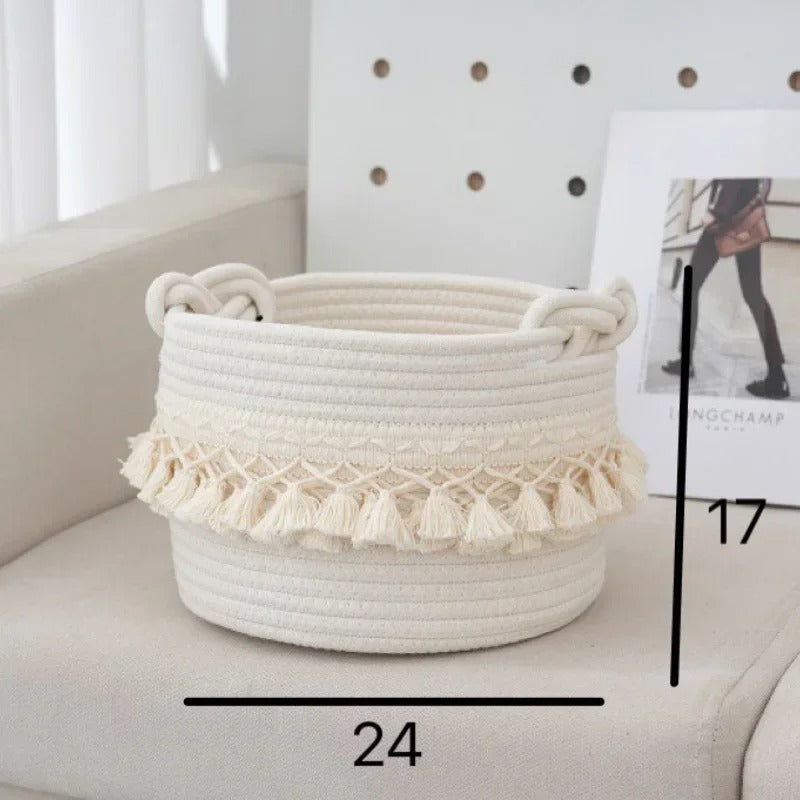 Large Cotton Rope Basket Tassel Woven Storage Basket for Toy Laundry and Blanket Organizer Basket Bohemian Storage Organizer