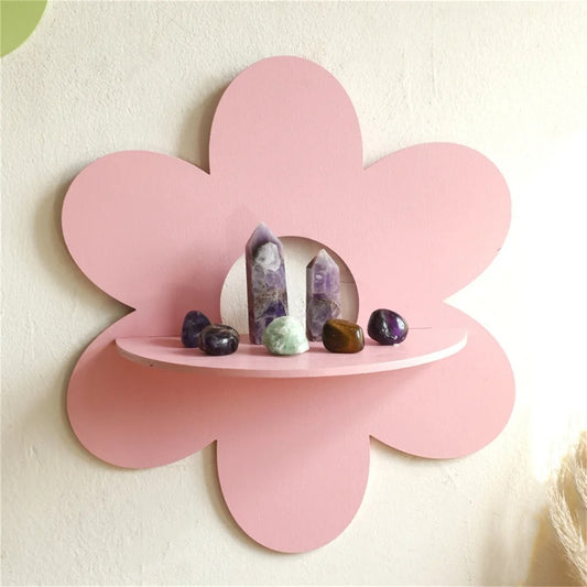 Flower Shape Wall Storage Holder Wooden Wall Art Wall Decoration Floating Plant Shelf For Bathroom Home Room Decor Gift Bedroom