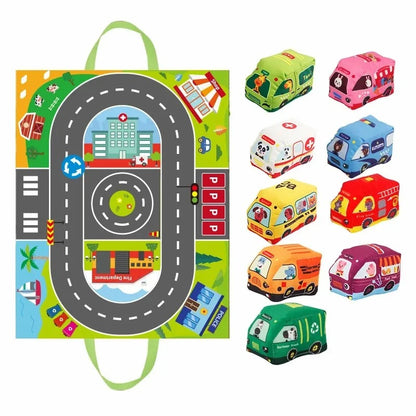 Montessori Soft Cloth Car Toy Set with Play Mat And 9 Vehicle For Baby Interactive Sound Paper Rattle Toys 12-18 Months