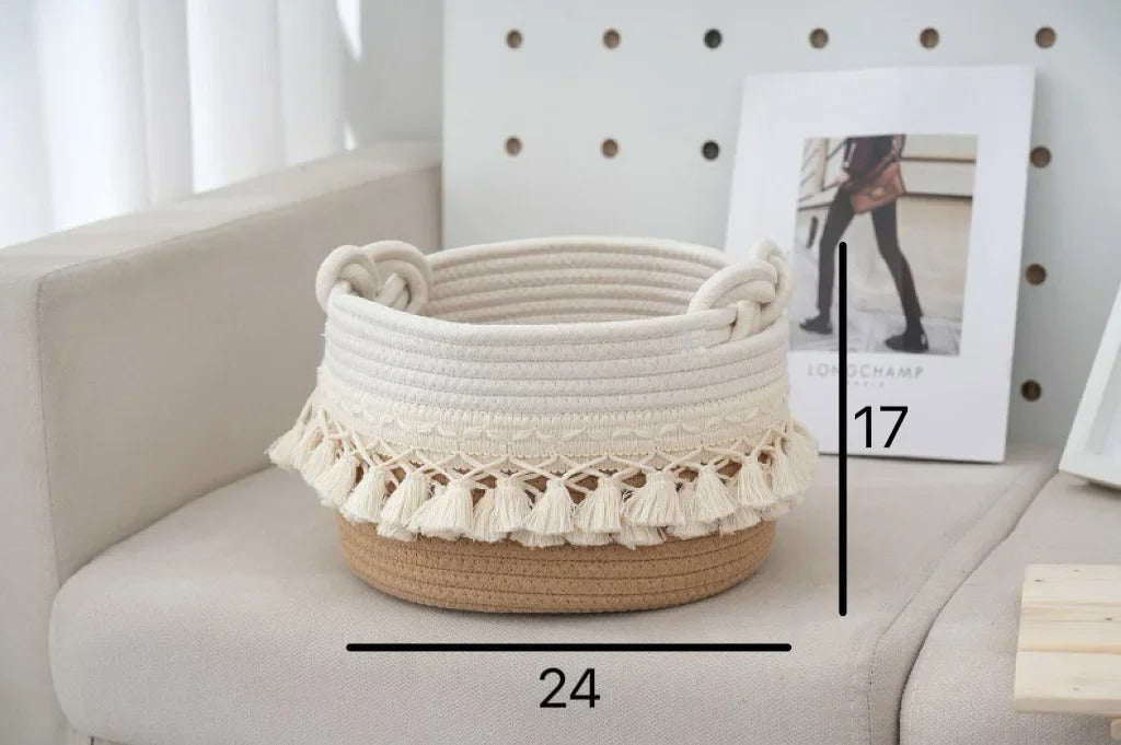 Large Cotton Rope Basket Tassel Woven Storage Basket for Toy Laundry and Blanket Organizer Basket Bohemian Storage Organizer